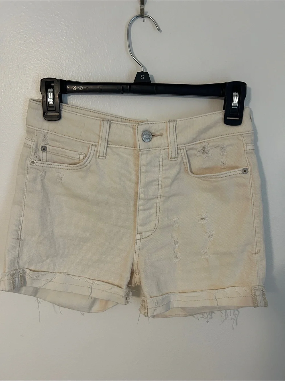 Anthropologie Pilcro Cream High-Rise Denim Jean Shorts with Cuffed Hem Detressed - Picture 3 of 8